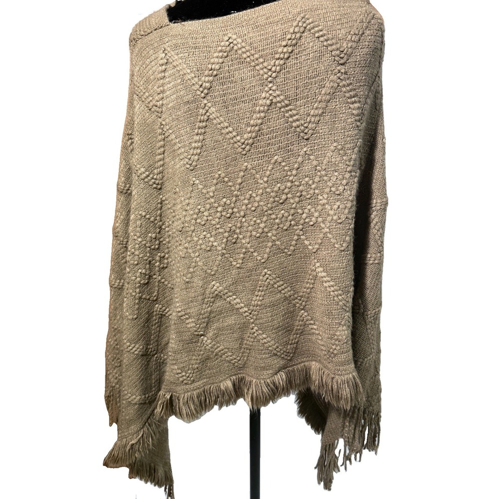 Women's Taupe Textured Knit Poncho Cape Fringe Geometric Boho Oversized Sweater